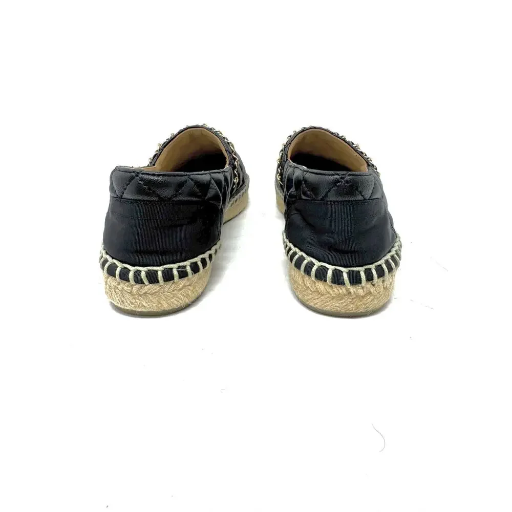 Chanel Black Quilted Leather Espadrilles w/ Gold Chain CC Charm Sz 38 | 8